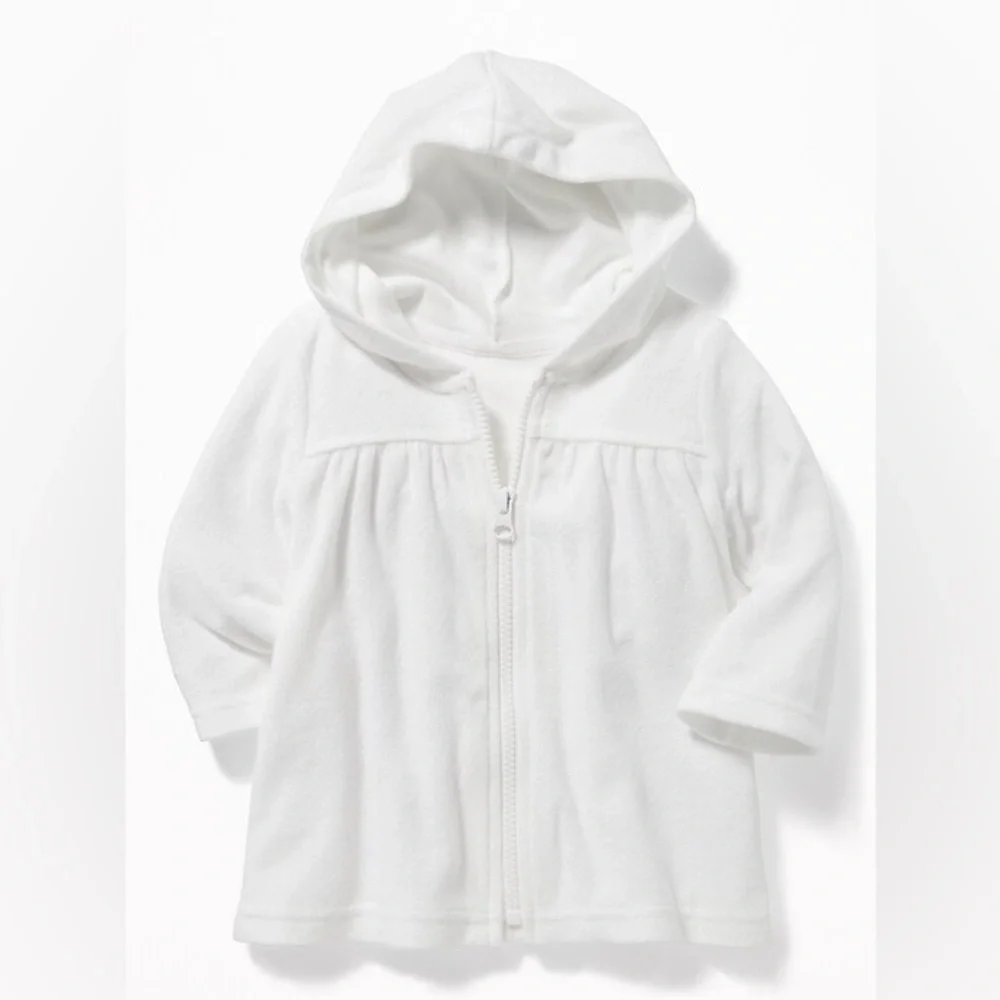 Old Navy Baby Girl swim coverup White Hooded Zip-Up Jacket Size 0-3 Months - Picture 1 of 6